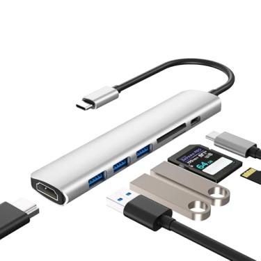 Imagem de Hub USB C 7 em 1 com PD de 100 W, HDMI 4K, leitor SD/TF, USB 3.0, adaptador multiportas tipo C, para MacBook, laptop (prata)