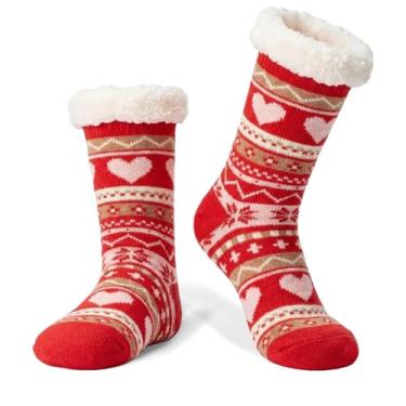 Imagem de LIGHT DOT Meias femininas de inverno forradas de lã de ovelha com estampa de coração, antiderrapante, aderente, aconchegante, macia, quente, presente de Natal, Vermelho, 6-10