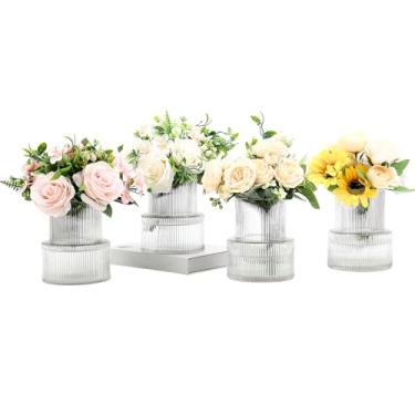 Imagem de YANWE1 Vasos de vidro canelados, conjunto de 4 vasos pequenos para flores, vaso de vidro transparente para tulipas, vaso moderno para sala de estar, cozinha, escritório, entrada, estante de livros