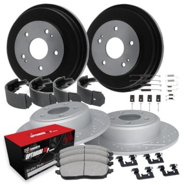 Imagem de R1 Concepts Rotor de freio a disco revestido de carbono perfurado e ranhurado e conjunto de tambor com pastilhas Oe Optimum Shoes e hardware dianteiro e traseiro Volkswagen Transporter 1971-1971