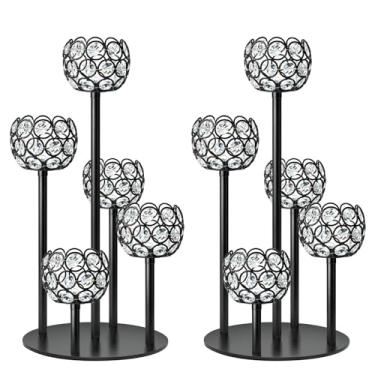 Imagem de Kolnlala Peça central de candelabro de cristal com 5 braços, suporte de vela de metal de 14,8 polegadas para decoração de mesa, casamento, Natal, festa, aniversário e decoração de casa (2, preto, P