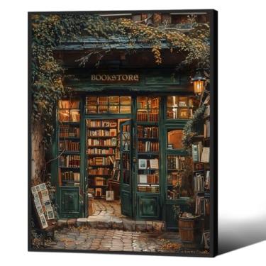 Imagem de Dark Academia Bookish Poster Moody Bookstore Canvas Wall Art 30,5 x 40,6 cm Preto emoldurado vintage pinturas de leitura antigas sala de estar biblioteca decoração de parede