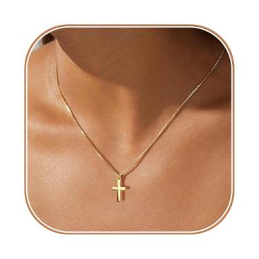 Imagem de LUNADORN Colar de cruz para mulheres, moderno, grosso, banhado a ouro 14 K, colar com pingente de cruz pequena, simples, fofo, gargantilha, colares, não mancha, Páscoa, religiosa, religiosa, joia