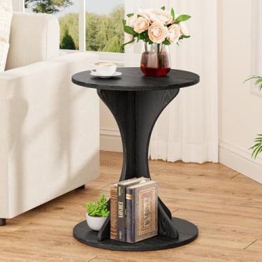Imagem de Mesa de canto lateral redonda pequena – mesa de centro com detalhes de madeira para sala de estar, mesa de cabeceira circular moderna com pedestal para pequenos espaços, sofá de quarto, mesa de
