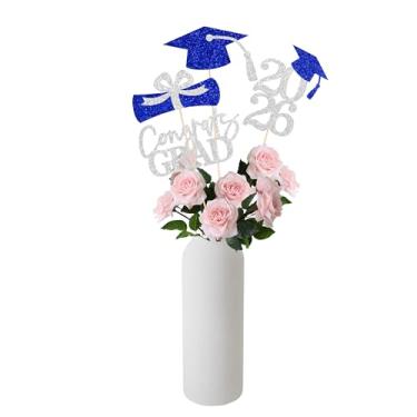 Imagem de Gexolenu 16 peças prata e azul dupla face 2025 centros de mesa para mesas, topos de mesa 2025, palitos de centro de mesa, artigos de festa, decorações de festa de formatura classe de 2025, conjunto de