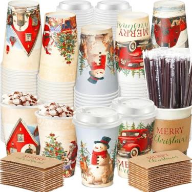Imagem de Ziliny 100 conjuntos de copos de café de papel de Natal com manga e tampa de palha de chocolate quente copos de cacau suprimentos de festa de Natal para bebidas quentes bebidas frias café loja