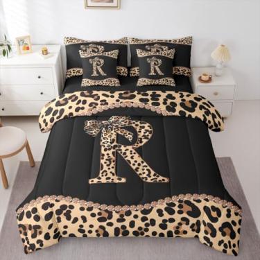 Imagem de Conjunto de edredom solteiro com estampa de leopardo com letra R | Conjunto de cama de 7 peças com laço de guepardo Coquete, moderno, moderno, moderno, em uma bolsa, conjunto de colcha de cama com