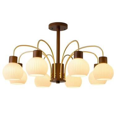 Imagem de Luminária de teto rústica Sputnik de madeira com 8 lâmpadas, pendentes de vidro leitoso canelado, lustre vintage estilo fazenda, lustre moderno com globos em branco e dourado, 90 cm x 48 cm