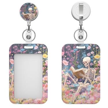 Imagem de Porta-crachá retrátil com clipe de mosquetão e chaveiro, várias opções de padrões, bonito e moderno (caveira de flor rosa)