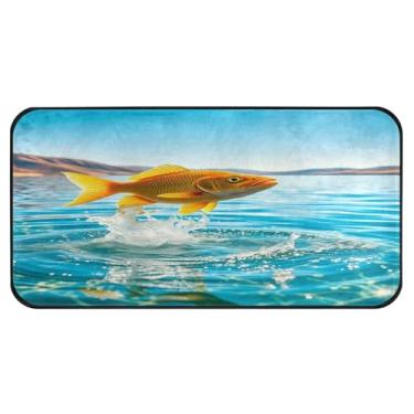 Imagem de Burbuja Tapete de cozinha Goldfish pulando fora da água 51 x 99 cm, tapete antiderrapante lavável com suporte de borracha, tapete para cozinha, sala de estar, banheiro, decoração de casa