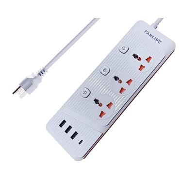 Imagem de FANLIDE Extensão universal com USB C, 3 tomadas, 3 portas USB e 1 USB C, cabo de alimentação de 6,5 pés, disjuntor de circuito de 2500 W