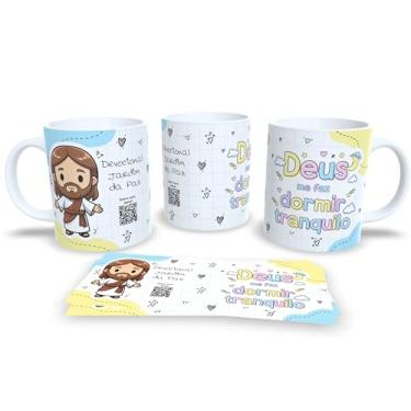 Imagem de Caneca Devocional Jardim da Paz, Branca com Listras Rosa e Verde, Flores, Tema Religioso (23007)