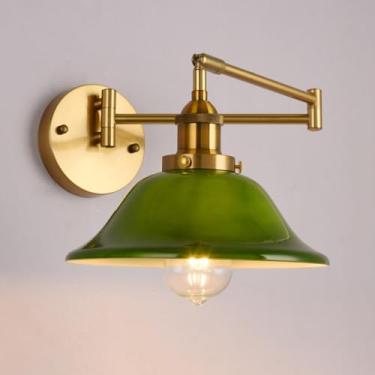 Imagem de Arandela de parede vintage industrial com braço articulado em vidro verde, ajustável em 350°, com fiação rígida e soquete E27, ideal para banheiro, cozinha e quarto (grande).