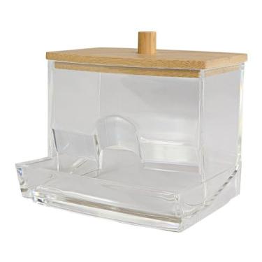 Imagem de Kit com 2 Porta Cotonetes com Tampa de Bambu, Transparente, ABS, 8,8 x 7,2 x 7 cm, Organizador para Banheiro