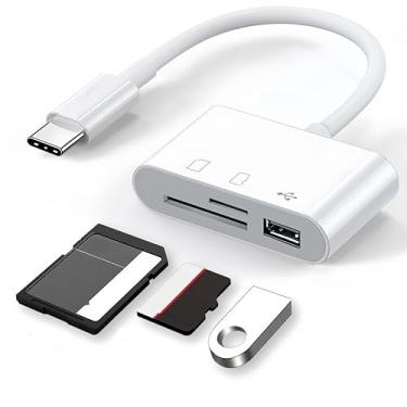 Imagem de 1 adaptador de leitor de cartão SD USB C 3 em 1 OTG transferência rápida de dados design compacto para telefone, laptops, câmeras, branco