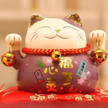 Imagem de FENNYYAR Maneki Neko de cerâmica malva fofa feita à mão, 12 cm, presente de decoração de casa de abertura de loja