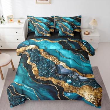 Imagem de Erosebridal Conjunto de edredom solteiro de mármore com 7 peças, dourado, azul-petróleo em uma bolsa, para crianças e adultos, conjunto de cama abstrata em aquarela