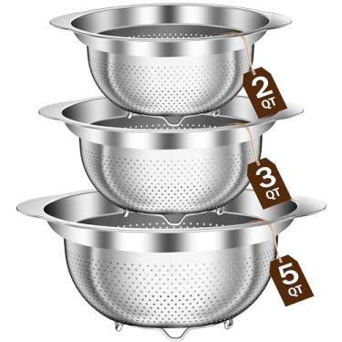 Imagem de Escorredor de aço inoxidável para cozinha, coador de aço inoxidável, coador de macarrão para espaguete, frutas, legumes, cozinha, alimentos, 3 coadores e escorredores (2QT, 3QT, 5QT), lavável na