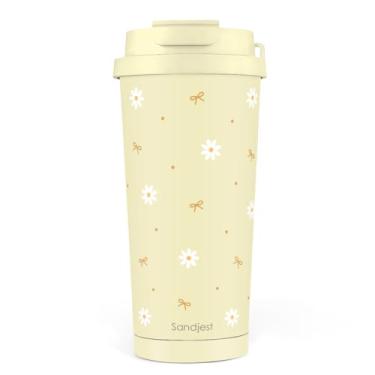Imagem de SANDJEST Daisy Copo de café com tampa 2 em 1 de aço inoxidável, 510 g, caneca de viagem com isolamento floral, presente para mulheres, meninas, amigas, ideia de presente para aniversário, Natal