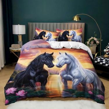 Imagem de AILONEN Jogo de cama com estampa de cavalo preto e branco para crianças, adolescentes e adultos, Queen, conjunto de capa de edredom com tema de vida selvagem e 2 fronhas, 3 peças, microfibra macia
