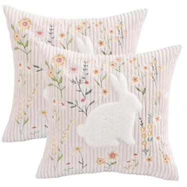 Imagem de Tosleo Capas de almofada de Páscoa 45,7 x 45,7 cm conjunto de 2 capas de almofada de coelho branco e bordado floral bege decorações de Páscoa fronhas de almofada de veludo cotelê para sofá cama quarto