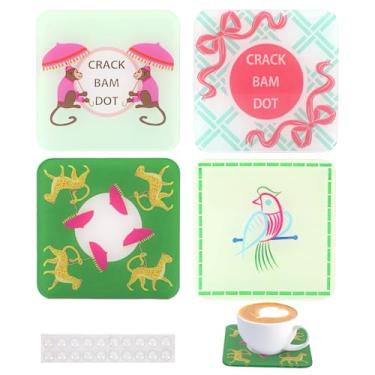 Imagem de Conjunto de 4 porta-copos de acrílico Mahjong com almofadas de silicone autoadesivas 9 x 10 cm Mahjong Descarte Porta-copos de azulejo resistente ao calor Colorido Mahjong Presente para Copo para