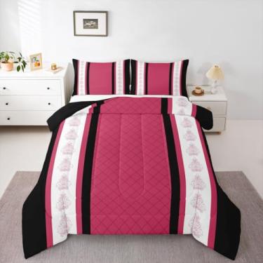 Imagem de jejeloiu Conjunto de edredom com estampa damasco para todas as estações, xadrez, com 2 fronhas, microfibra geométrica, roupa de cama queen moderna, listrada, decoração de quarto, edredom respirável