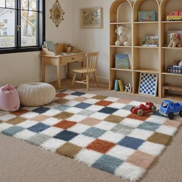 Imagem de PureCozy Tapete quadriculado 7 x 12 cm para sala de estar, tapete felpudo moderno arco-íris super macio, lavável, tapete felpudo antiderrapante para quarto, casa, decoração estética