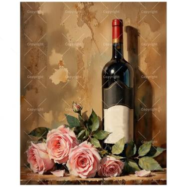 Imagem de Kit de pintura de vinho e rosas por números para adultos – Garrafa de vinho DIY com rosas cor-de-rosa, pintura de natureza morta em tela, 40 x 50 cm, conjunto de tinta acrílica, adequado para