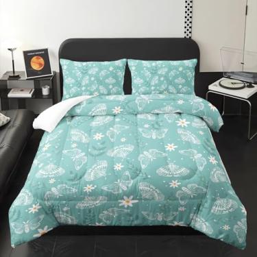 Imagem de AILONEN Conjunto de edredom floral de mariposa boho para crianças, meninos e meninas, estampa de margaridas azul-petróleo, tamanho solteiro, edredom botânico floral de microfibra macia e 2 fronhas, 3