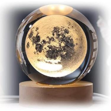 Imagem de Luminária Bola Esfera Cristal De Mesa Planeta Terra Galáxia Sistema Solar LED Base Madeira Enfeite Decorativo Casa (Lua)