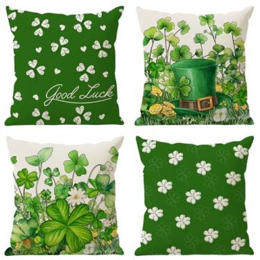 Imagem de ZAEW Aquarela Trevo Verde Trevo Chapéu Moedas Dia de São Patrício Fronhas Conjunto de 4 Decorações para Casa de Fazenda Sofá Sofá Capa de Almofada Decoração de Festas de Férias 50 x 50 cm