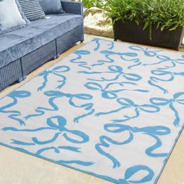 Imagem de Nuanchu Tapete de plástico para ambientes externos, tapete de palha, coquete, acampamento, pátio, interior, exterior, para uso externo, praia, piscina, pátio, quintal, deck (azul claro, branco, 1,5 x