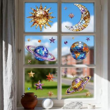 Imagem de ANATTASOUL Adesivos de janela estática sol e lua planetas 1 folha reutilizável decalque de janela para vidro, 120 cm x 30 cm adesivo de janela dupla face removível para quarto, escritório, decoração