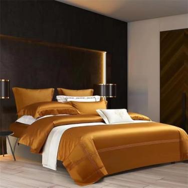 Imagem de Jogo de cama de algodão estilo hotel, cor sólida, macio e sedoso, com capa de edredom, lençol de baixo, fronhas, cor açafrão, tamanho King (220x240cm), 4 peças.