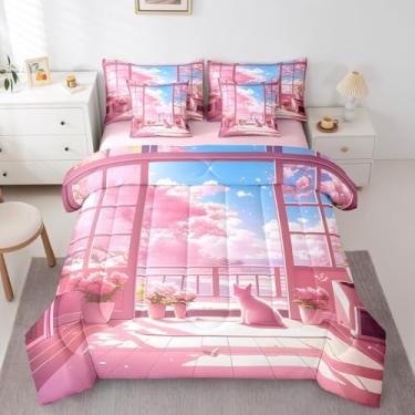 Imagem de Erosebridal Conjunto de edredom completo de gato fofo com 7 peças, estilo anime japonês, rosa, para crianças e adultos, conjunto de cama japonesa Sakura romântica
