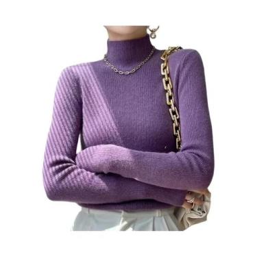 Imagem de Suéter Feminino De Tricô Grosso Sólido Com Gola Alta Estilo Harajuku C