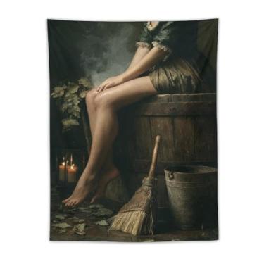 Imagem de Tapeçaria mística vintage mulher em barril vassoura lanterna folhas caídas decoração de parede assustadora sala de estar quarto decoração de casa enfeite exclusivo têxtil pendurado 76 x 101 tapeçaria
