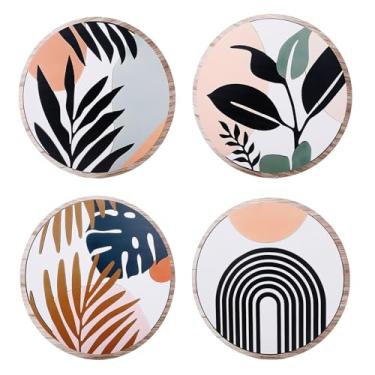 Imagem de Asixxsix Decoração de Arte de Parede Redonda de 9,8 Polegadas, 4 Peças de Madeira Boho Farmhouse Rústico Boêmio Pendurado na Parede para Quarto Sala de Estar Escritório Decoração de