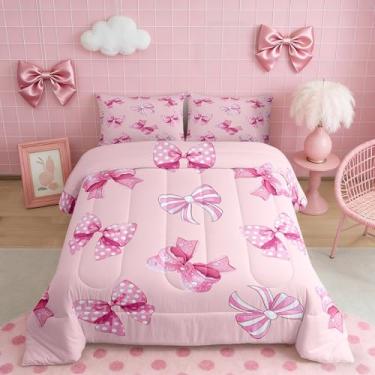 Imagem de Homewish Conjunto de edredom com laço rosa, tamanho casal, desenho animado de bolinhas, listras, laço, para crianças, meninas, adolescentes, conjunto de edredom com 2 fronhas