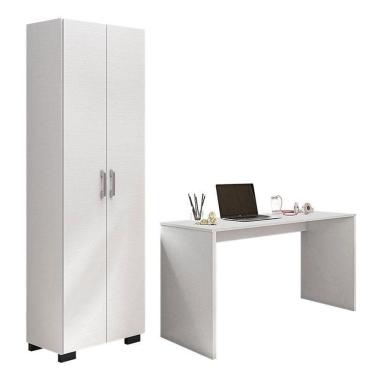 Imagem de Mesa Para Computador Gávea E Livreiro Office Com Portas Grandes Branco Trama - Móveis Leão