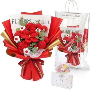 Imagem de Giegxin Conjunto de buquê de flores de crochê feito à mão, buquê de rosas, flores artificiais com bolsa para cartão, presente romântico para sua namorada, Dia das Mães, Dia dos Namorados, casamento