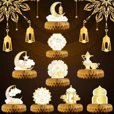 Imagem de 9 peças de centro de mesa Eid Mubarak Honeycomb, ouro branco Ramadã 3D decorações de favo de mel de dupla face, bule de chá, lua, forma de castelo, decoração para casa, escritório, interior, artigos