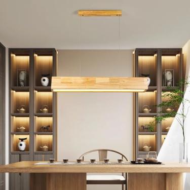 Imagem de Luminária pendente de madeira com LED para sala de jantar, mesa de jantar, lustre regulável com controle remoto, luminária suspensa para cozinha, escritório, bar, moderna, altura ajustável (