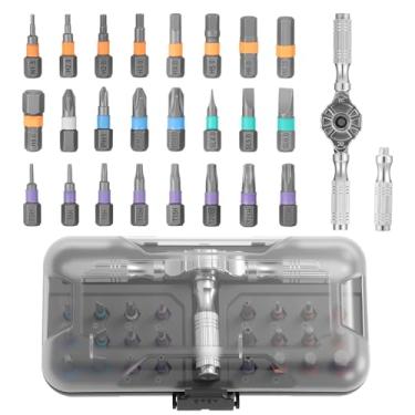 Imagem de MABCIRY Conjunto de chaves de fenda catraca 25 em 1, ferramenta de reparo de chave de fenda magnética multifuncional com 24 bits e alça em T removível para projetos DIY de espaço apertado
