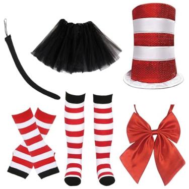 Imagem de Degpum Conjunto de 6 peças de acessórios para fantasia de tutu de tule com meias listradas na altura da coxa, vermelho e branco, gravata borboleta e cauda longa para 100 dias de escola