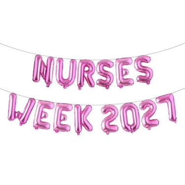 Imagem de Nurses Week 2027 balões banner decorações de festa, dia da enfermeira inernacional 2027 banner médico RN BSN decorações de festa tema (Semana das enfermeiras 2027 rosa vermelho)