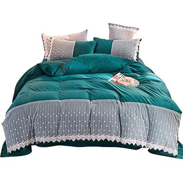Imagem de Conjunto de capa de edredom de inverno, 4 peças, jogo de cama de casal, lençol de cima, design de renda, estilo europeu, verde, rosa, macio para cama sem rugas e resistente a manchas (Green King)