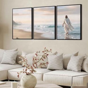 Imagem de Kit 3 Quadros Decorativos Jesus Cristo Mar Fé Sala Moldura (Moldura Preta)