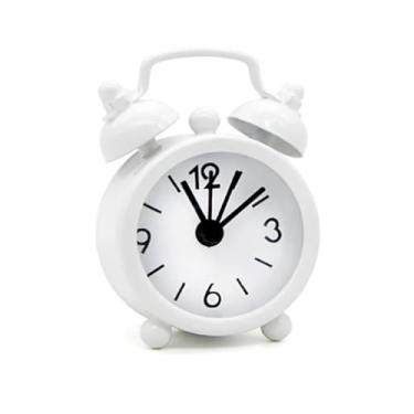 Imagem de Despertador para quarto, mini relógio de metal pequeno despertador criativo quartzo azul redondo despertador portátil, decoração de mesa, decoração de casa, relógio de mesa (branco)